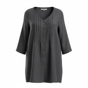 FLAX Linen Pintuck Tunic Top P Gray Button Front Lagenlook Minimalist Blouse EUC